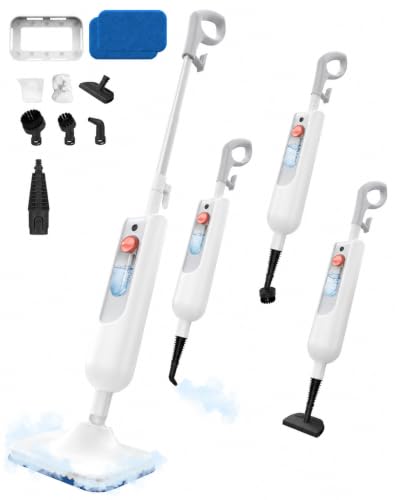 AUKACI F2RE Steam Mop,12-in-1 Handheld Steam Cleaner,Powerful Detachable Steam Mop for Floor Cleaning,360ML Tank,15FT Power Cable,Scrubbing Steam Cleaner for Home,Hardwood,Tile,Grout,Furniture-Red