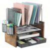 AUPSEN Desk Organizer with 5 Vertical File Holders, Storage Drawer & 2 Pen Holders, 5 Trays Paper Letter Tray Organizer, Mesh Desk Organizers and Accessories for Home Office (Vintage wood)