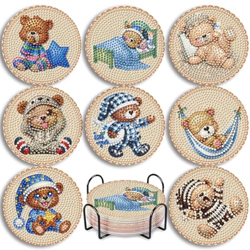 AuraDraw 8 Pack Bear Diamond Art Painting Coasters Kits, Animal Diamond Painting Coaster with Holder for Adults, 5D Full Drill DIY Diamond Dot Gem Art Kit for Home Decor (Little Bear)