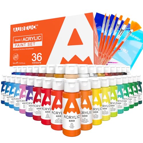 AUREUO Acrylic Paint Set 36 Colors - 2 Oz.(59ml) with Metallic Colors & Brushes - Acrylic Paints for Canvas Ceramic Wood Rock Painting - Art Paints for Painting for Adults, Beginners, Artists
