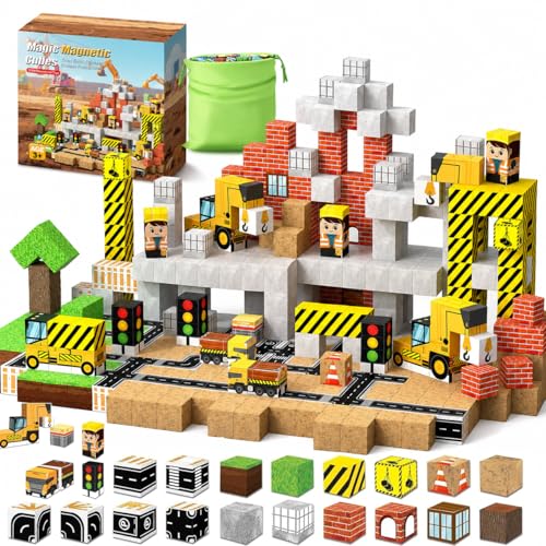 Aurname Magnetic Blocks 100PCS Construction Site Set - Build Mine Crane & Truck Magnetic Cubes, STEM Montessori Sensory Toys for Kids 3+, Educational Magnetic Tiles Gifts for Girls & Boys