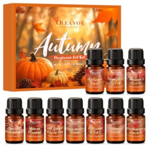 Autumn Fragrance Oil Gift Set，Fall Essential Oils for Diffuser, Scents for Candle Soap Making, Cinnamon & Apple,Pumpkin Spice, Huckleberry Harvest, Cashmere Cedar, Leaf More 10x5ml Aromatherapy Oils