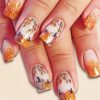Autumn Press on Nails for Women Square Medium False Nails Press ons Fall Fake Nail Stickers with Pumpkin Gold Glitter Design Orange Thanksgiving Day Nail Set for Autumn & Thanksgiving DIY 24Pcs
