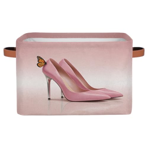 AUUXVA Storage Basket Pink High Heel Butterfly Storage Cube Box Durable Canvas Collapsible Toy Basket Organizer Bin with Handles for Shelf Closet Bedroom Home Office