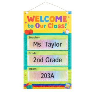 AUVCAS Classroom Door Sign with 3 Pockets and 6 Double-Sided Cards for Teacher Name, Grade & Room Number Display, Teacher Door Hanger for Back to School Classroom Essentials, 21.5" × 13"