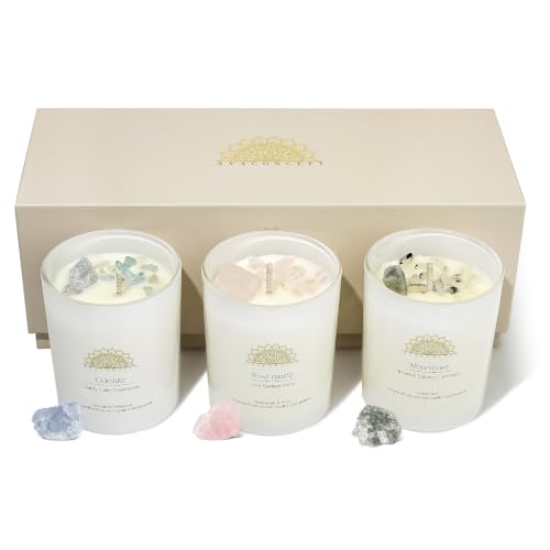 AvaConcept Healing Crystal Candle Gift Set – Set of 3 Celestite, Rose Quartz & Moonstone Hand-Poured Soy Wax Sea Salt Driftwood, Blackcurrant Rose & Amber Noir Aromatherapy Scents Premium Gift Box