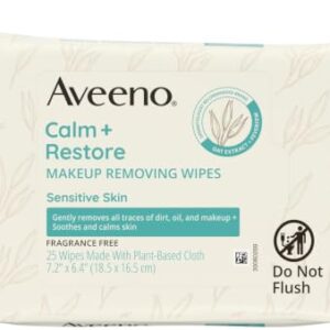 Aveeno Calm + Restore Unscented Makeup Remover Face Wipes, Fragrance Free Facial Cleansing Towelettes with Oat Extract & Calming Feverfew Leave Skin Feeling Soothed, Alcohol Free, 25 ct (Pack of 6)