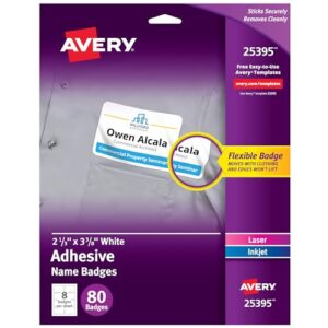 Avery Flexible Printable Name Tag Stickers, 2-1/3" x 3-3/8", Matte White, Removable Adhesive, Laser & Inkjet Compatible, 80 Name Badges Total, Great for Networking, Events, and More (25395)