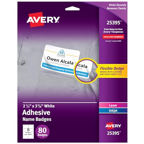 Avery Flexible Printable Name Tag Stickers, 2-1/3" x 3-3/8", Matte White, Removable Adhesive, Laser & Inkjet Compatible, 80 Name Badges Total, Great for Networking, Events, and More (25395)