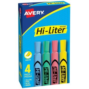 Avery® Hi-Liter® Desk-Style Highlighters, SmearSafe®, Chisel Tip, 4 Assorted Color Highlighters (17752)