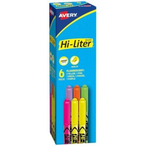 Avery® Hi-Liter® Pen-Style Highlighters, SmearSafe®, Chisel Tip, 6 Assorted Color Highlighters (23565)