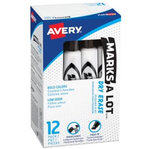 Avery Marks A Lot Dry Erase Markers, Low Odor, Chisel Tip, 12 Black Whiteboard Markers for Classroom and School Supplies, Office Supplies, and More (24408)