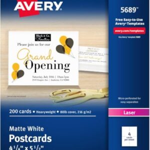 Avery Printable Postcards, 4.25" x 5.5", White, 200 Blank Postcards for Laser Printers (5689) (Pack of 5)