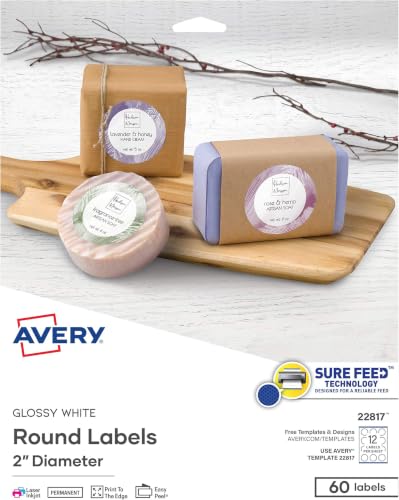 Avery Printable Round Labels, Sure Feed Technology, 2" Diameter, Glossy White, Laser & Inkjet Compatible, 60 Blank Labels Total, Great for Mailing, Branding, and More (22817) (Pack of 5)