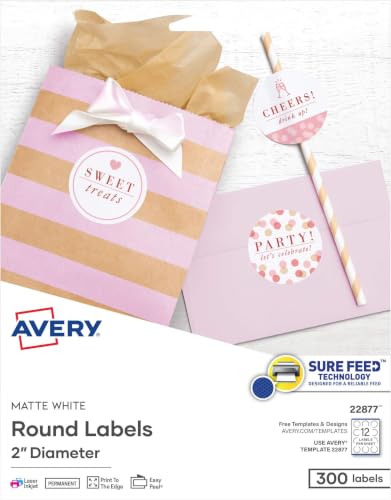 Avery Printable Round Labels with Sure Feed Technology, 2" Diameter, Matte White, Laser & Inkjet Compatible, 300 Blank Labels, Great for Branding, Packaging, Events, and More (22877) (Pack of 5)