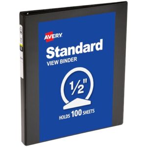 Avery Standard View 3 Ring Binder, 0.5" Round Rings, 100-Sheet Capacity, 0.7 Inch Wide Spine, 1 Black Binder, Ideal for Lightweight Organization and Occasional Referencing (05705)