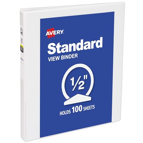 Avery® Standard View 3 Ring Binder, 0.5" Round Rings, 100-Sheet Capacity, 0.7 Inch Wide Spine, 1 White Binder, Ideal for Lightweight Organization and Occasional Referencing (05750)