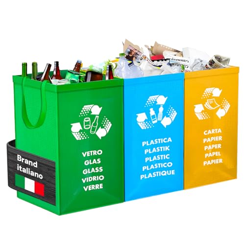 Avilia Set of 3 Washable Recycling Bags – Coloured Garbage Bags Kit for Glass, Paper, with Handles, PVC Self-Supporting 49.5 x 19.5/22/25 x 35 cm, Green, Yellow and Blue, Made in Italy