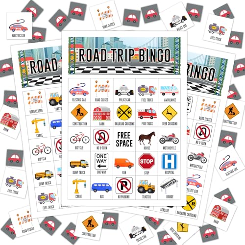 AWDSTN Road Trip Bingo Cards Game, Bingo Game for Adults Family, Car Bingo Game for Travel, Travel Games Party Supplies Favor Decoration Bingo Decorations, 24 Players Bingo Games -02