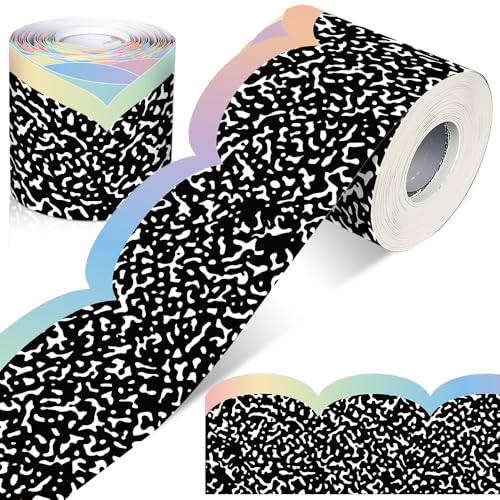 AWEELON 65 Ft Back to School Pastel Composition Bulletin Board Borders Black and White Scalloped Border Trims Classroom Borders Wavy Rolled Trim DIY Decoration for Classroom School Office Home Wall