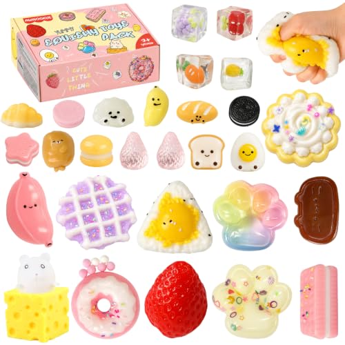 AWNOGKUE 28 Pack Squishy Toys Set, 11 Large & 17 Mini Kawaii Food Style Squishies, Soft Squeeze Fidget Toys for Kids, Cute Dessert Fruit Bread Ice Cube Stress Relief Toys,Party Favors&Birthday Gifts
