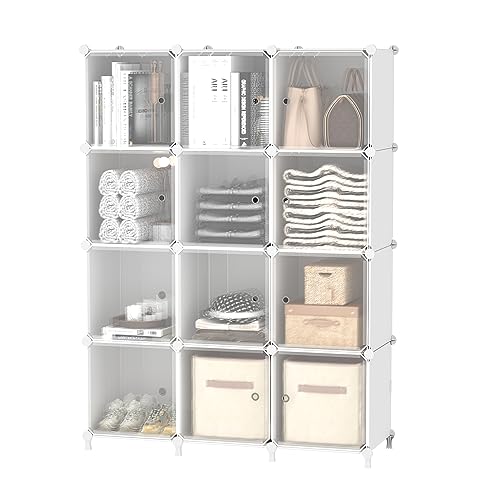 AWTATOS Cube Storage Closet Organizer 12 Cube Storage Shelves with Doors Closet Organizers and Storage Stackable Clothes Organizer for Bedroom, Home Office, White
