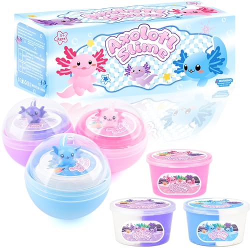 Axolotl Slime Kit 3 Pack – Pink Clear Slime, Butter & Cloud Slime for Kids Ages 8-12, Soft & Stretchy Sensory Toys, Party Favors, Goodie Bag Stuffers, Birthday Gifts for Girls and Boys
