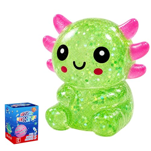 Axolotl Squishy Stress Ball Soft TPR Slow Rising Squeeze Toy, Cute Sitting Axolotl Fidget Toy for Stress Relief Anxiety Calming, Soft Sensory Toy Desk Toy Party Favor for Kids Adults(Green)