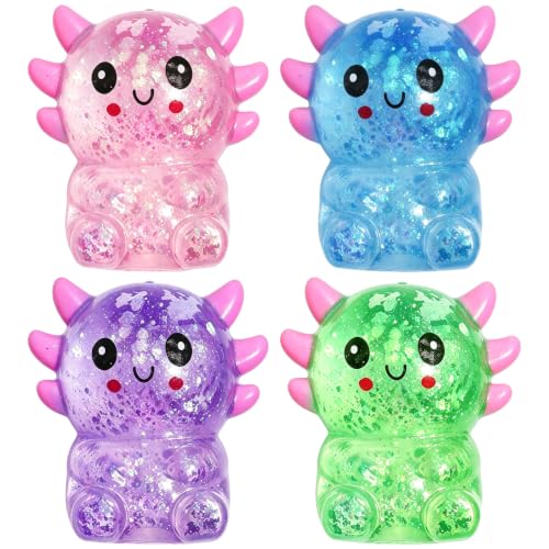 Axolotl Squishy Toys 4 Pack, 3.15 Inch Cute Sitting Axolotl Stress Balls, Soft TPR Sparkly Squeeze Fidget Toys for Anxiety Relief, Kawaii Sensory Toys for Kids Adults Party Favors Classroom Prizes