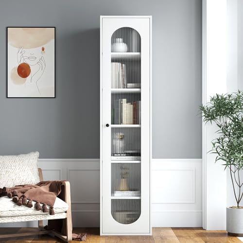AYJOIR Tall Skinny Bookshelf with Glass Door, White Narrow Bookcase 6 Tier Storage Cabinet, Slim Display Shelf for Living Room Bedroom Office, Tall Thin Bookshelf for Books DVD Media Collection