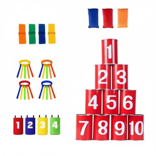 Aymzbd Children Game Can Toss Carnival Tin Can Tossing Game Metal Construction Educational Toy Cartoon Suitable for Parties Outdoor Activities Events, Red Numbered Cans with Four Color Set