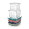 Azar Displays 556903 Clear Plastic Diamond Tote Set with Lids, Stackable Storage Organizer Bins for Pantry, Kitchen, Office, Closet and Drawer Organization (Set of 3)