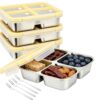 AzulLanse 4 Pack Stainless Steel Snack Containers with Lids,4-Compartment Divided Box with Fork, Reusable Metal Meal Prep Food Storage Containers, Dishwasher Safe for Work, Travel, Picnic (yellow)