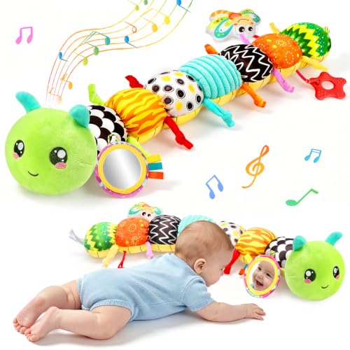 Baby Caterpillar Toys 0-6 6-12 Months, Music Animal Stuffed Sensory Toys for 3-6 Months, Infant Tummy Time Toy with Crinkle Rattle Mirror, Baby Shower Gifts for Newborn Boys Girls