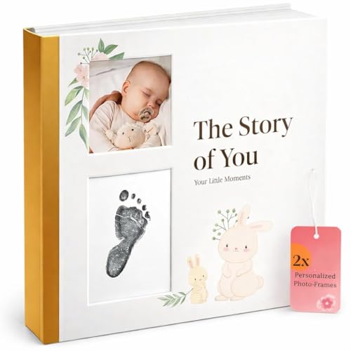 Baby Memory Book for Baby Boy or Girl - Baby Book Keepsake with Ink Pad and Two Personalized Frames - Record Every Event from Birth to Age 5 Gender Neutral Scrapbook - Baby Gifts Gender Neutral