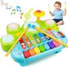 Baby Piano Drum Set for Toddlers 1-3, Musical Toys 3 in 1 Baby DJ Table Piano Keyboard Xylophone Instruments for 1 2 Year Old Boys Girls Music & Light Activity Table 6-12-18 Months Old Birthday Gifts