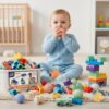 Baby Sensory Balls, Textured Montessori Toys for Babies 6-12 Months & Toddlers 1-3, Wheat Straw Soft Balls + 80PCS Soft Blocks Bundle, Rubber Building Blocks, STEM Stacking Toys with Storage Bucket