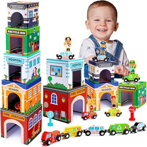 Baby Stacking Toys for Toddlers, Magnetic Wooden Cars & Garage Sorting Community Helpers Preschool Educational Learning Montessori Toys Birthday Gifts for Kids Number Blocks Nesting Boxes
