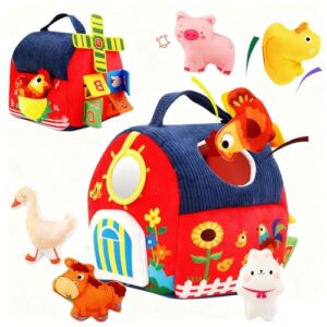 Baby Toys 6-12 Months Montessori Sensory Toy Barn with Stuffed Farm Animals, Rattle, Crinkle for Infants. Portable Learning Gift for 6 Month Old, 1-3 Year Old Toddlers, Christmas Stocking Stuffers