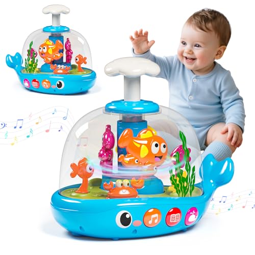 Baby Toys 6-12 Months, Whale Press & Spin Musical Toy with Lights, Montessori Cause and Effect Learning Toy for Infants, Sensory Toy for 1 Year Old Boys Girls, First Birthday Gift