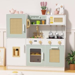 Babytronic Wooden Kitchen Playset for Kids - Pretend Play Kitchen with Lights & Sounds, Retro Style Toy Kitchen for Toddlers Ages 3+, Wooden Play Kitchen Set with Realistic Design (Green)