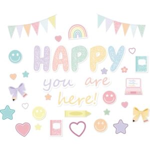 Back to School Bulletin Board Decorations, Happy You are Here Pastel Classroom Decor with Rainbow, Bows, Smiley Faces & School Icons for First Day of Preschool Kindergarten Elementary Classroom
