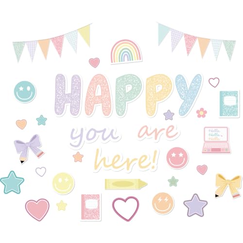 Back to School Bulletin Board Decorations, Happy You are Here Pastel Classroom Decor with Rainbow, Bows, Smiley Faces & School Icons for First Day of Preschool Kindergarten Elementary Classroom