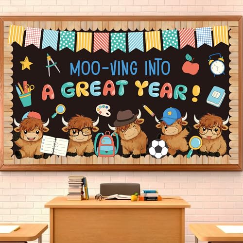 Back to School Bulletin Board Set Welcome Classroom Decorations Highland Cow Positive Motivational Theme Bulletin Board Cutouts for Preschool Kindergarten Classroom Wall Door Chalkboard Decor