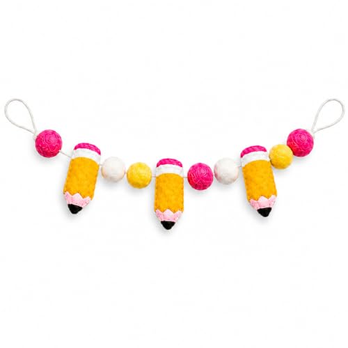 Back to School Garland 33.1in Felt Pencil Garland for Classroom Decorations, 3D Pencil Felt Ball Banner with 3 Pencils & 7 Balls, Pre-Assembled Hanging Decor for Teacher Desk, Mantel, Wall