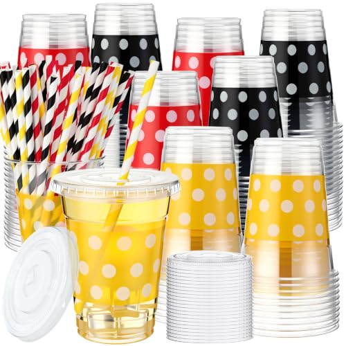 Baderke 100 Sets Cartoon Mouse Theme Birthday Party Supplies 12 oz Disposable Plastic Cups Bulk Red Black Yellow with White Polka Dots with Lids and Straws for Cartoon Mouse Theme Party Decorations