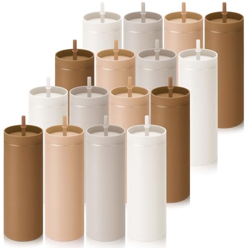 Baderke 16 Pack 16 oz Skinny Tumblers Bulk with Lid and Straw Multicolor Reusable Double Wall Plastic Travel Mugs Party Favors for Women Girls Birthday Summer Gifts (Coffee Color)