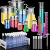 Baderke 40 Pcs Plastic Test Tubes with Rack 5 Graduated Cylinder 6 Beakers 3 Erlenmeyer Flask 10 Plastic Transfer Pipette for Lab Party DIY