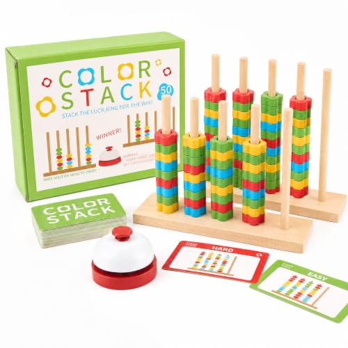 Bafeil Color Stack Challenge Game for Teens & Adults, Wooden Fast-Paced Color Matching Puzzle Board Game with 2 Rotating Racks, 80 Ring, 50 Challenge Cards & Bell, Competitive Brain Teaser Party Game