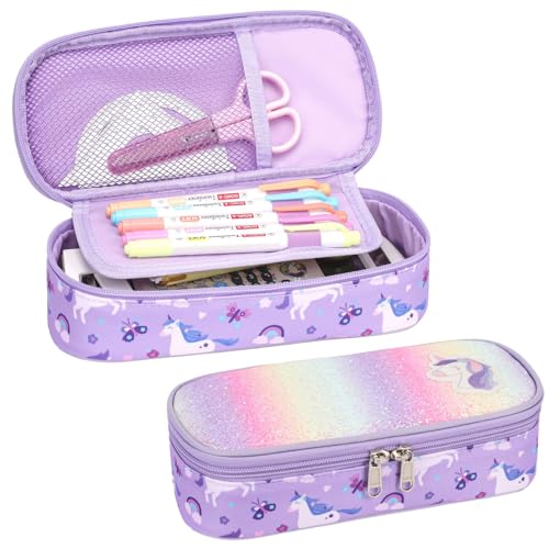 Bagseri Kids Pencil Case Girls - Cute Pencil Case Large Capacity Pencil Pouch Pencil Box, Multifunction Pencil Bag with Compartments for Girls Kids Teen, Pen Case Only (Glitter Purple Unicorn)